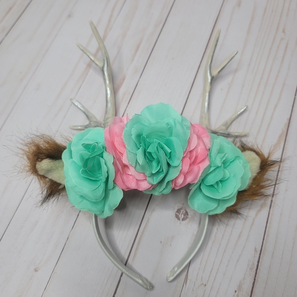 Deer antler NWT floral headband with ears. One size. Pink, teal, silver cream. - Picture 2 of 4